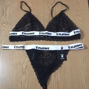 New Super Sexy Playboy 2Pc Lacey Bra & Open Back Thong Set Black Size 1X/2X